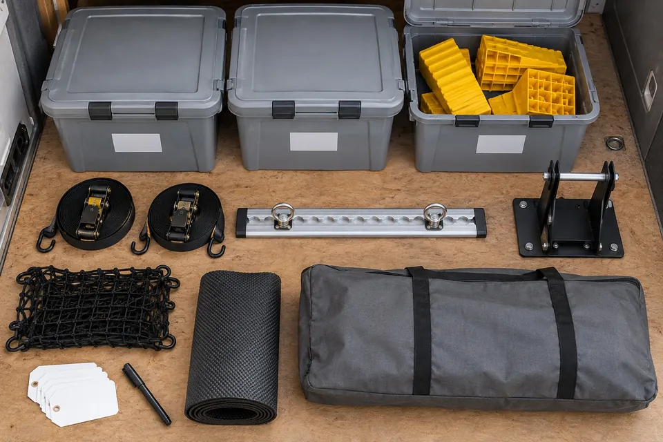 Accessoires de rangement pour la soute d’un camping-car posés à plat : bacs gris à couvercle, sangles à cliquet, rail d’arrimage, support de fourche, filet, tapis antidérapant, housse et étiquettes