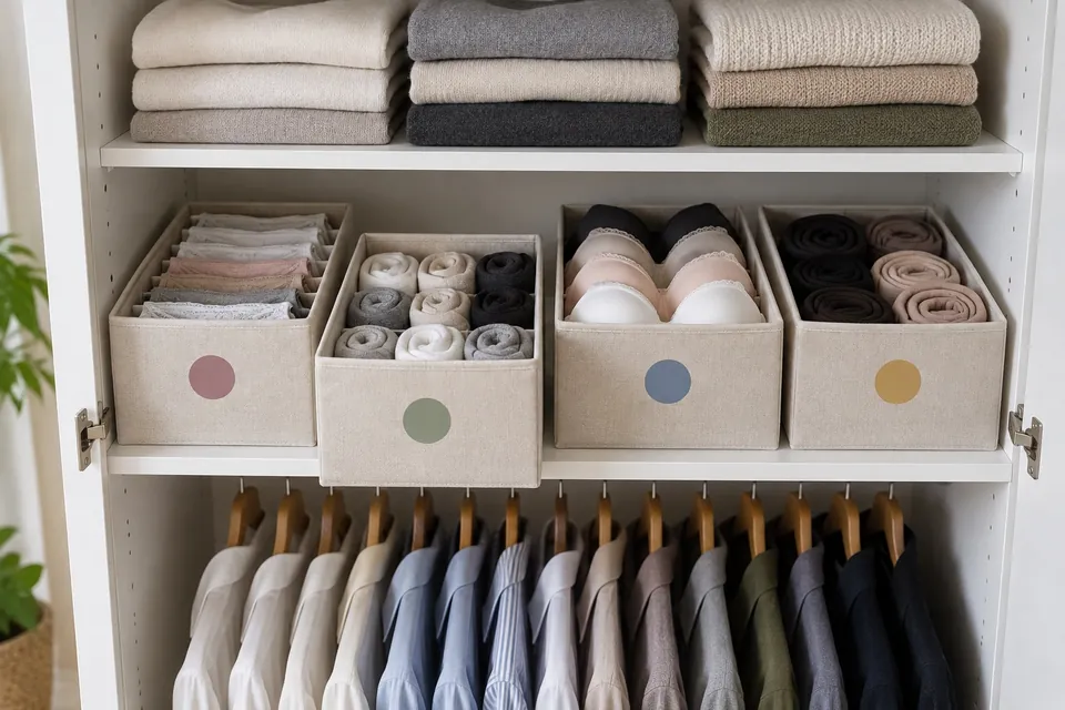 Étagère d’armoire avec quatre boîtes ouvertes en tissu beige, une par famille de sous-vêtements : culottes pliées, chaussettes roulées, soutiens-gorge et collants