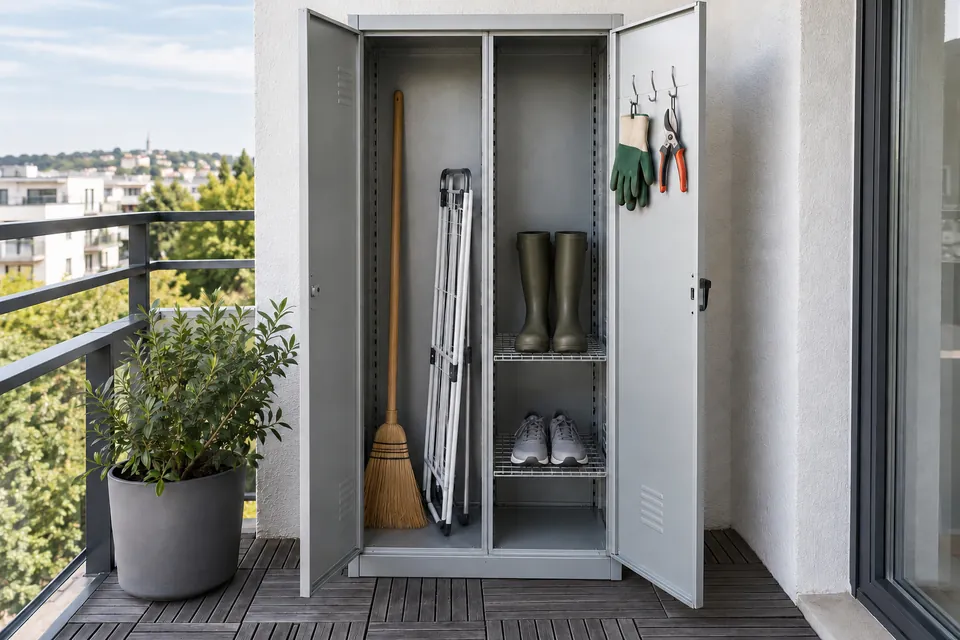 Armoire étroite en acier galvanisé ouverte sur un balcon : balai et étendoir pliant rangés debout d’un côté, deux tablettes ajourées avec des bottes et des baskets de l’autre, crochets avec gants et sécateur