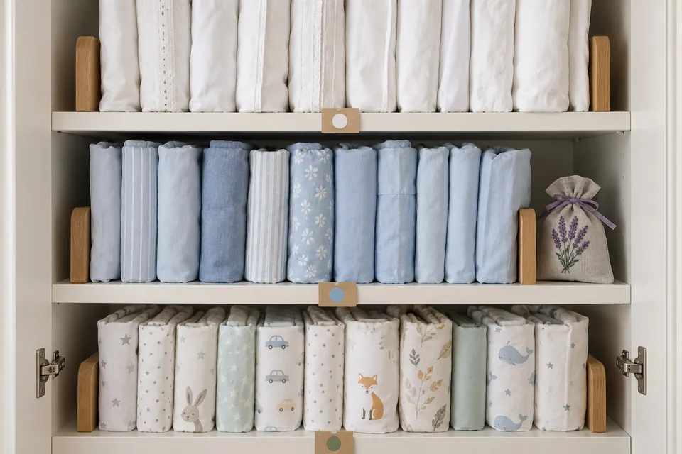 Trois tablettes d’un placard à linge, une par lit, avec des parures de draps rangées debout dans leur taie, un serre-livres et une étiquette à pastille sur le bord de chaque tablette