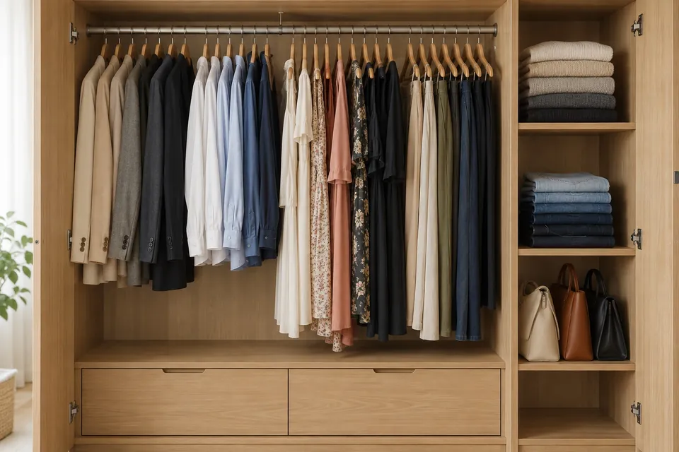 Intérieur d’une armoire-dressing avec la tringle classée par catégorie puis du clair au foncé, vestes, chemises, robes et pantalons, et une catégorie par étagère sur le côté