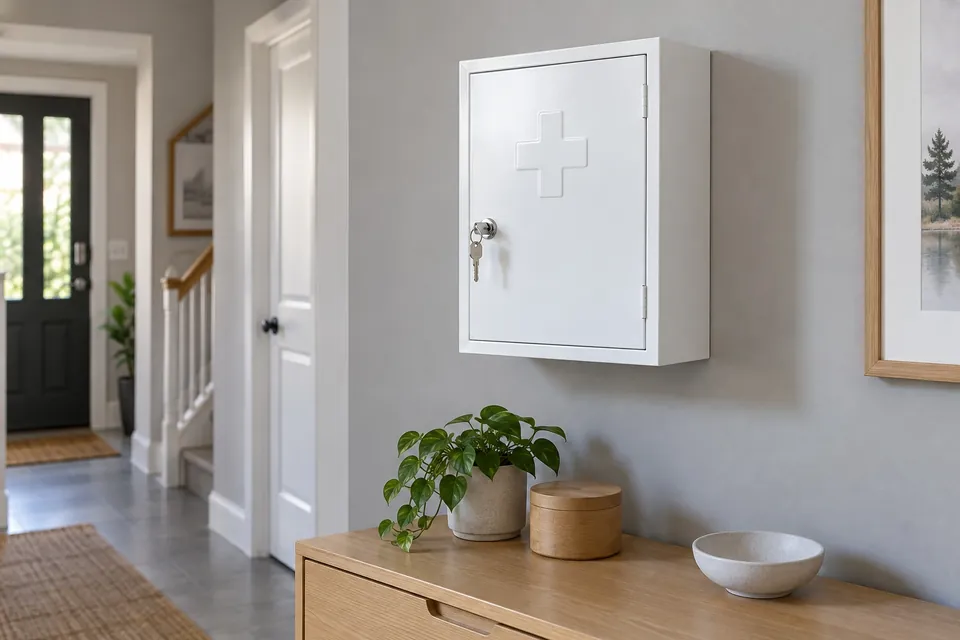 Armoire pharmacie murale blanche fermée à clé, fixée en hauteur au-dessus d'un meuble bas dans un couloir