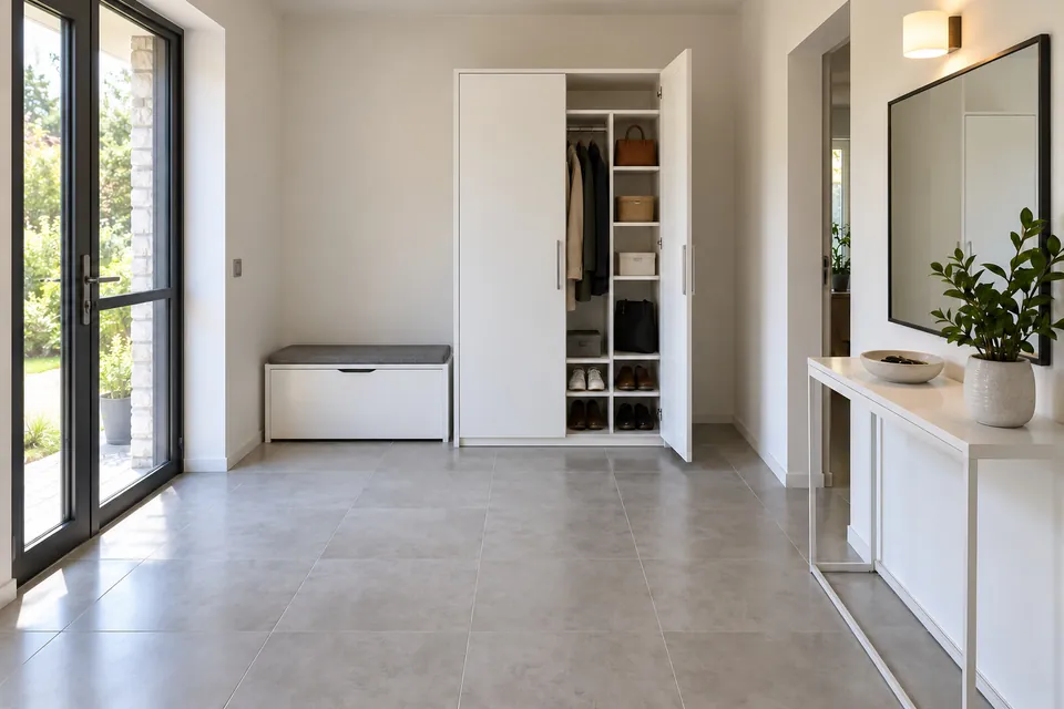 Hall d’entrée avec une armoire de rangement blanche de 120 cm à deux portes, une porte ouverte montrant une penderie, des tablettes et des casiers à chaussures, un banc assorti avec coussin à côté, un grand miroir et une console étroite
