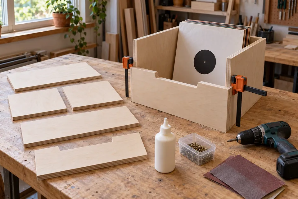 Bac rangement pour vinyle en contreplaqué de bouleau en cours de fabrication sur un établi : les cinq panneaux découpés, le caisson assemblé avec un côté avant plus bas, serre-joints, colle à bois et vis