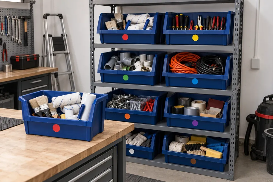 Étagère métallique de garage avec des bacs de rangement en plastique bleu identiques, un par famille d’outils, et un bac posé sur l’établi