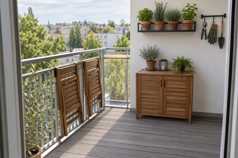 Petit balcon bien rangé : meuble bas en bois contre le mur, étagère murale en métal avec pots au-dessus, crochets avec sécateur et gants, deux chaises pliantes et passage libre