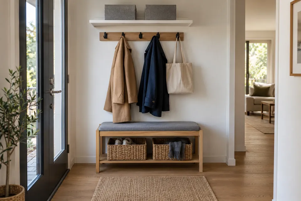 Banc d’entrée avec rangement en chêne clair contre un mur blanc, deux paniers en osier sous l’assise, coussin gris, barre de patères en bois avec deux manteaux au-dessus et une étagère haute