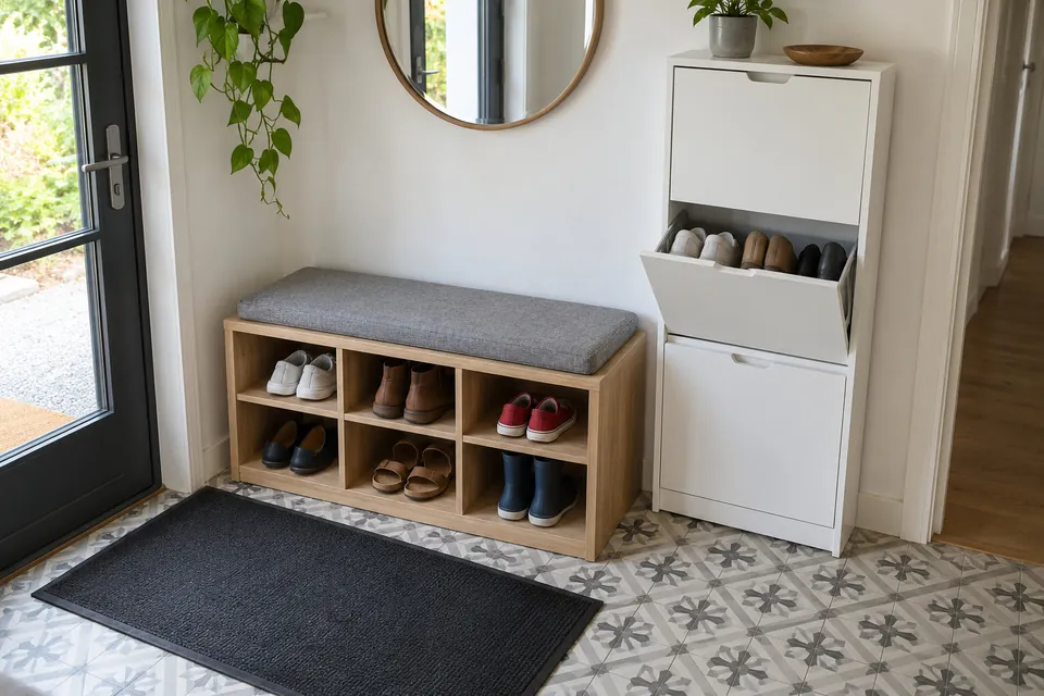 Banc rangement chaussures entrée en bois clair à six casiers ouverts avec une paire de chaussures par casier, meuble à chaussures étroit blanc à abattant ouvert à côté montrant des chaussures rangées debout