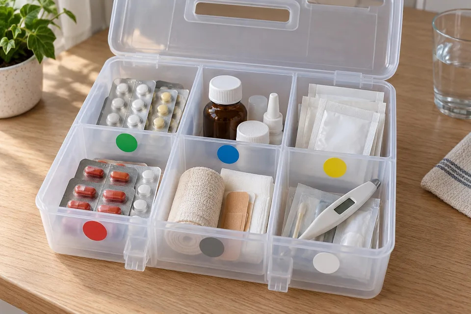Boîte de rangement pour médicaments ouverte avec six compartiments étiquetés par couleur : comprimés, flacon, sachets, pansement et thermomètre