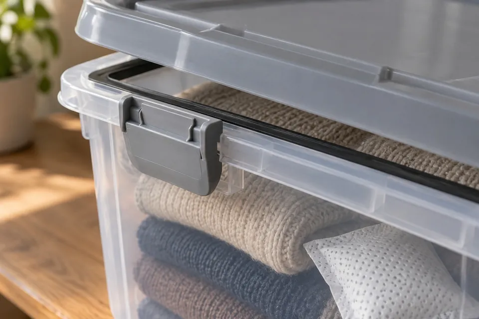 Gros plan sur le couvercle d’une boîte de rangement en plastique transparent, avec son clip latéral et le joint en caoutchouc sous le couvercle