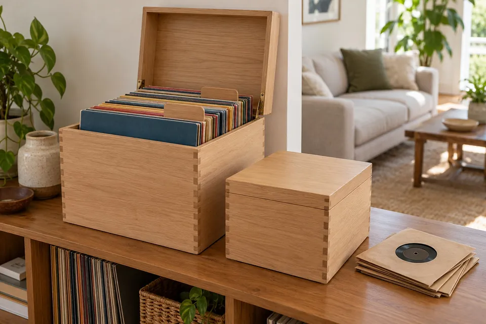 Deux boîtes de rangement pour vinyle en bois clair à couvercle, l’une grande pour 33 tours ouverte avec des disques debout, l’autre petite pour 45 tours fermée posée dessus, intercalaires en bois