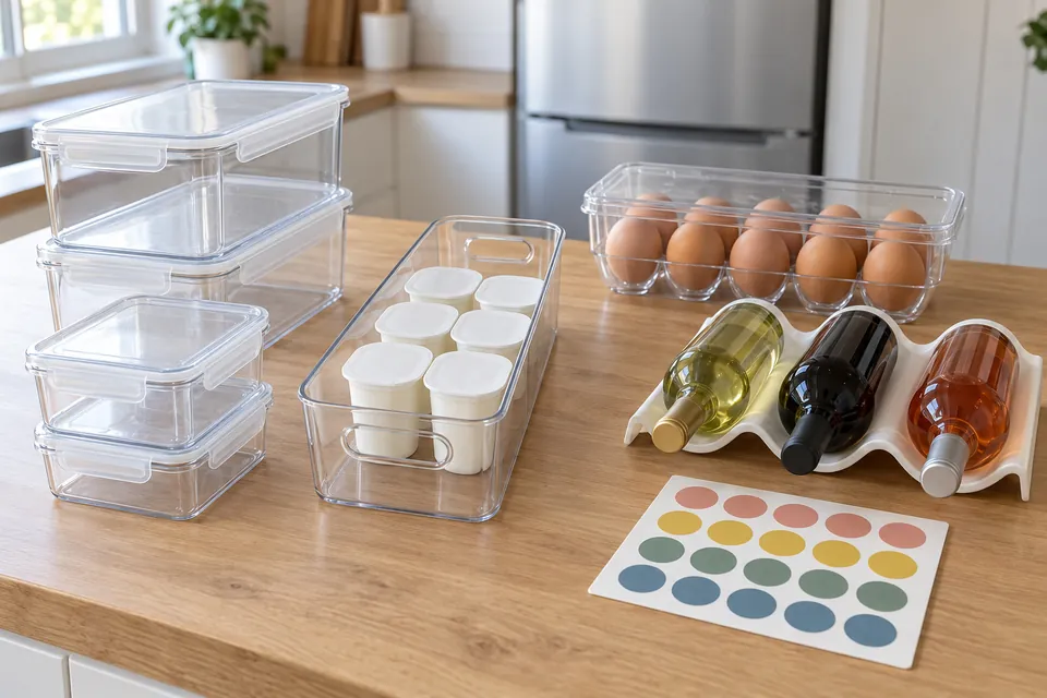 Accessoires de rangement pour frigo posés sur un plan de travail : boîtes transparentes empilables à couvercle, bac à poignée ouvert pour les yaourts, boîte à œufs, support à bouteilles couchées en plastique, étiquettes à pastilles de couleur