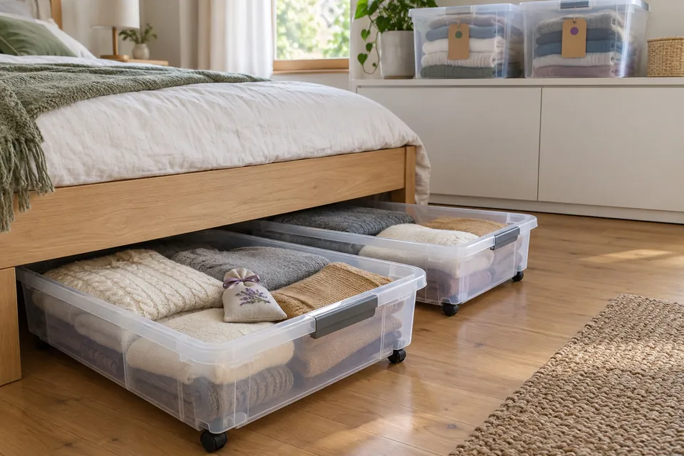 Deux boîtes plates en plastique transparent à roulettes sorties de sous un lit, remplies de pulls pliés avec un sachet de lavande, et deux boîtes hautes sur le dessus d’une armoire