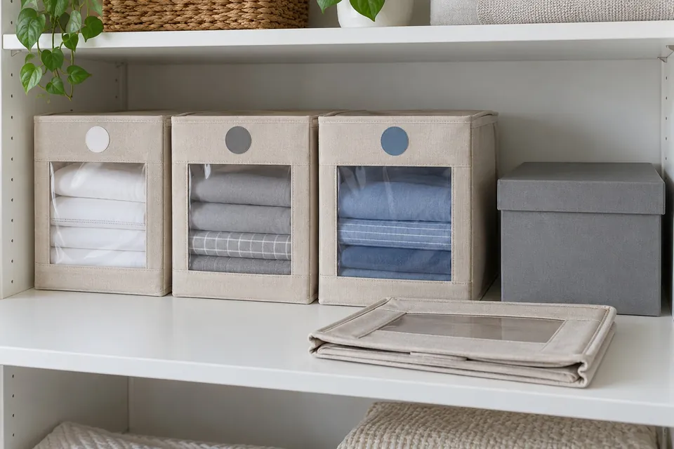Trois boîtes pliables en tissu à fenêtre contenant des parures de draps sur une tablette de placard, une boîte rigide à couvercle à côté et une boîte pliable repliée à plat au premier plan