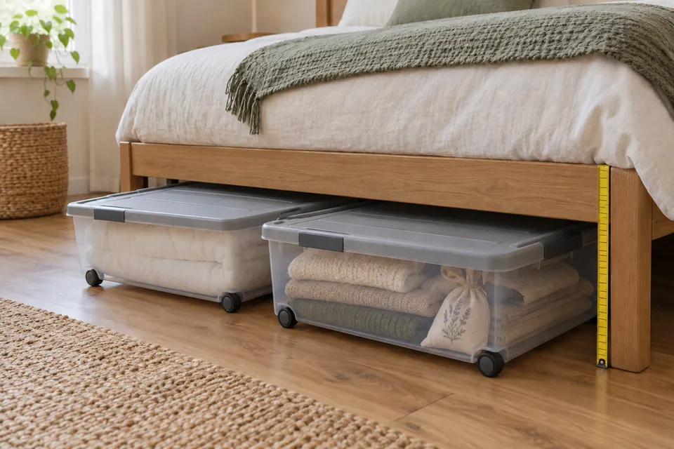 Deux box de rangement plates en plastique transparent à roulettes tirées de sous un lit, contenant une couette et des pulls, avec un mètre ruban contre le cadre