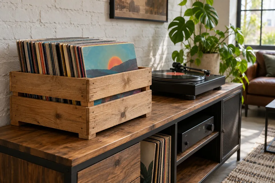 Caisse de rangement pour vinyle en planches de palette poncées et huilées, posée sur un meuble bas en bois à côté d’une platine, une trentaine de disques debout dedans, pochettes visibles