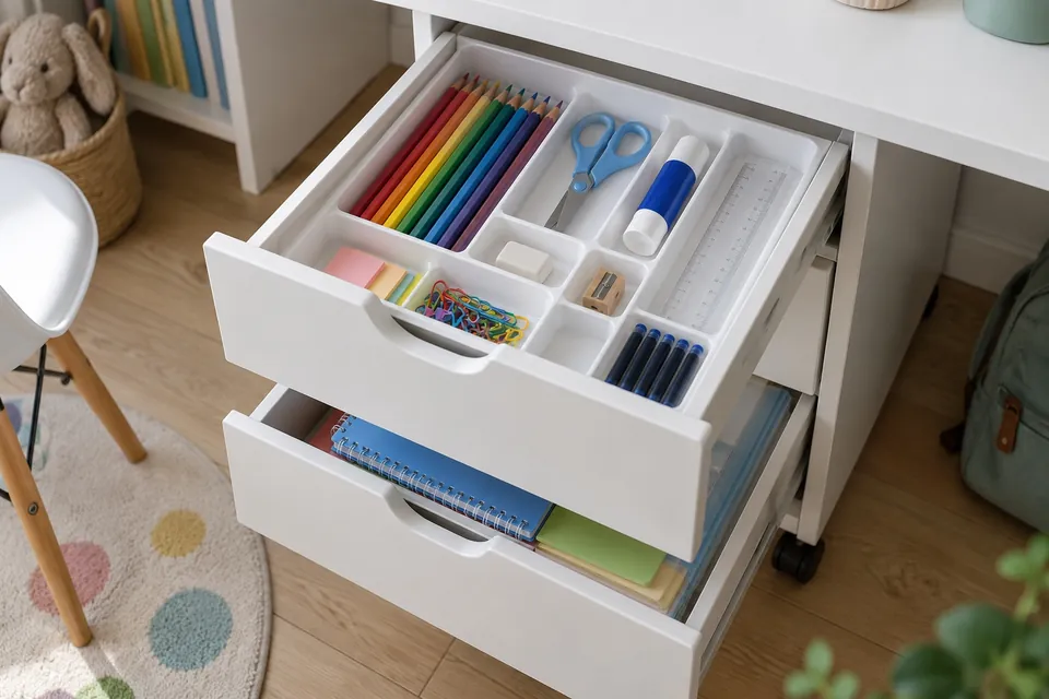 Caisson de rangement de bureau à roulettes sous un bureau d’enfant, tiroir du haut ouvert avec un organisateur à cases pour les crayons, ciseaux, colle et règle