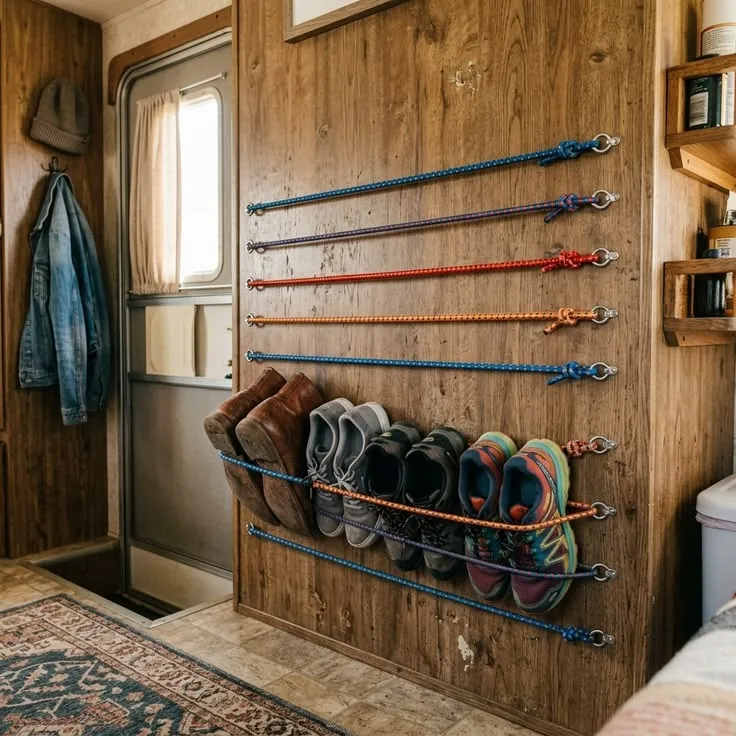 Bottes et chaussures retenues contre une cloison en bois par plusieurs cordes élastiques colorées, près de la porte d’un van.