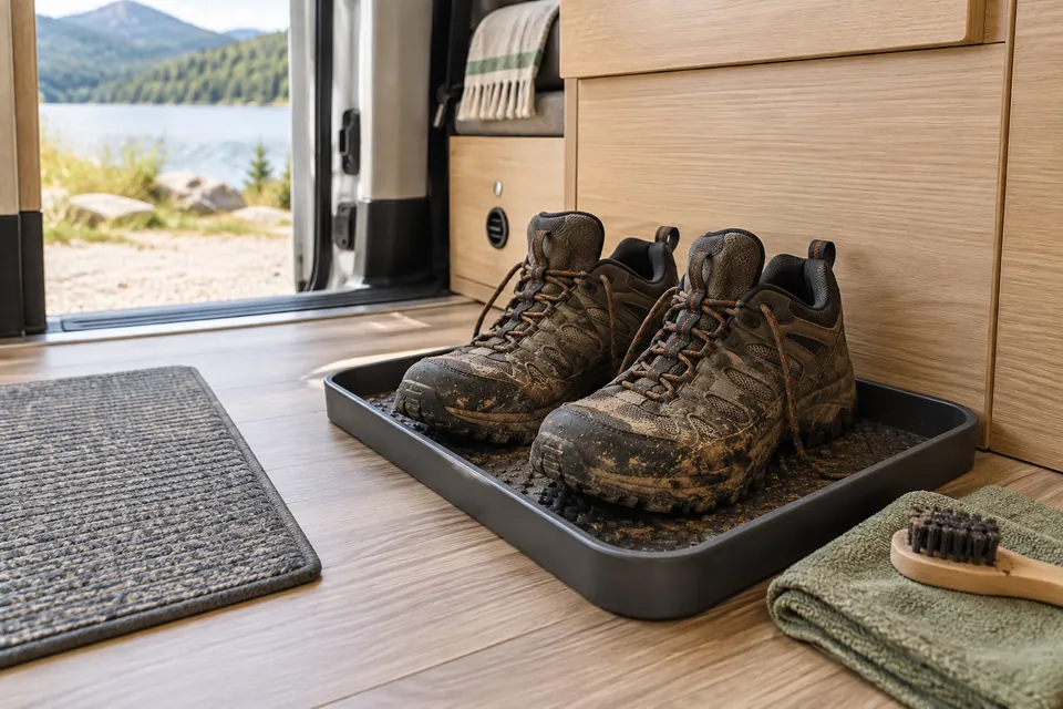 Une paire de chaussures de randonnée boueuses dans un bac ouvert près de la porte du camping-car, avec une brosse à côté.