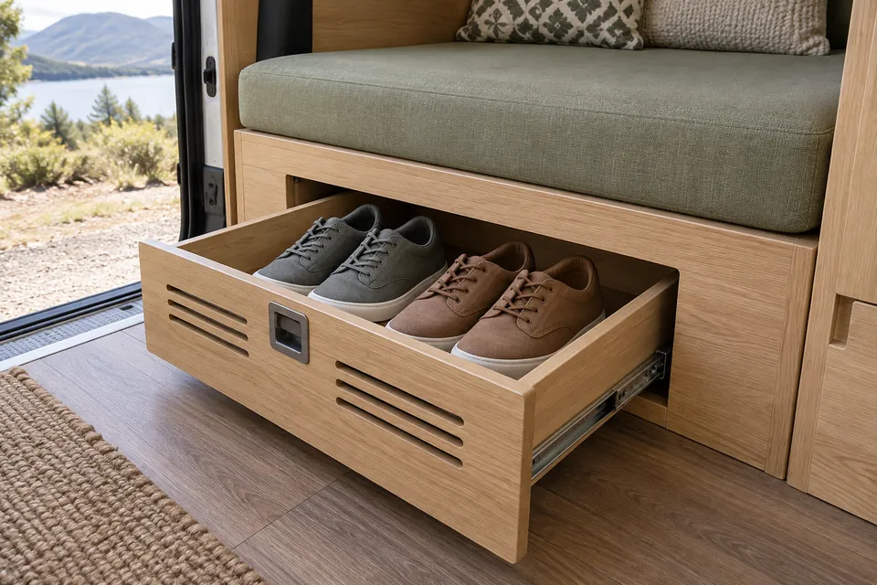 Deux paires de chaussures propres dans un tiroir ouvert sous une banquette de van, avec des ouvertures dans la façade.