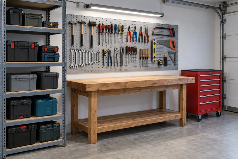 Coin atelier dans un garage : établi en bois sous un panneau perforé avec les outils accrochés, étagère charge lourde à gauche et servante sur roulettes à droite