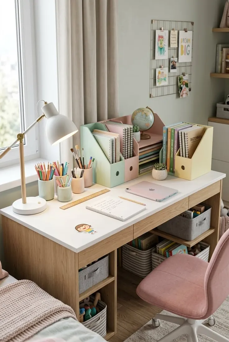 Bureau d’enfant avec des range-documents pastel remplis de cahiers, des pots à crayons et des paniers en tissu dans les niches sous le plateau