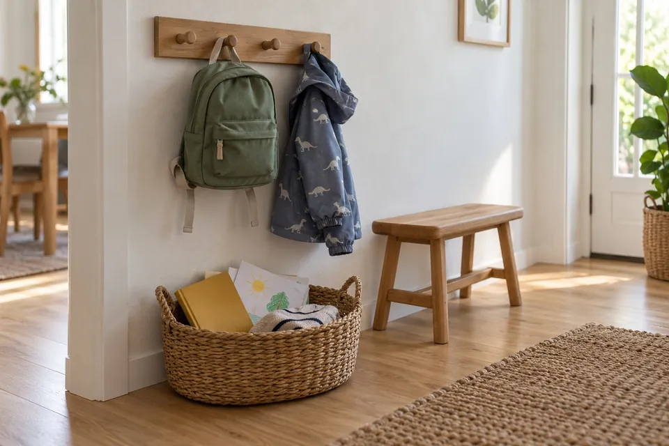 Patère fixée bas avec un petit sac à dos et un manteau d’enfant, et un panier bas au sol contenant un cahier et des dessins, dans une entrée