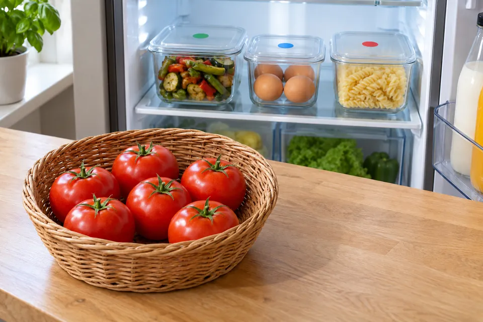 Sur une clayette de frigo, boîtes transparentes fermées avec des légumes cuits et des œufs durs non écalés, chacune avec une pastille de couleur ; sur le plan de travail devant, des tomates entières dans une corbeille, hors du frigo