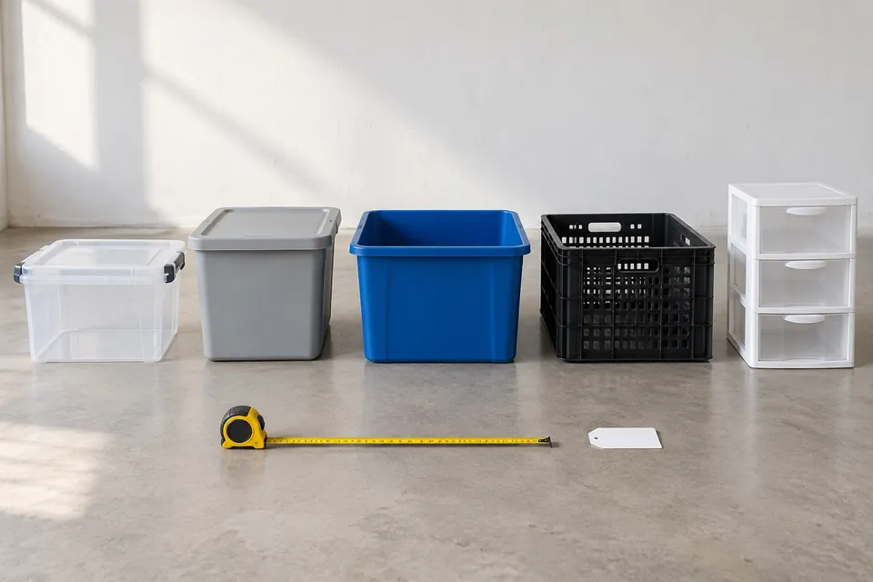 Cinq contenants en plastique alignés : boîte transparente à clips, boîte opaque à couvercle, bac ouvert, caisse ajourée à poignées et tour de tiroirs, avec un mètre ruban devant