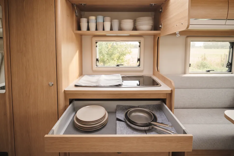 Cuisine de camping-car : placard haut ouvert avec des gobelets et des bols légers, tiroir bas ouvert avec une pile d’assiettes sur un tapis antidérapant et deux poêles séparées par de la feutrine