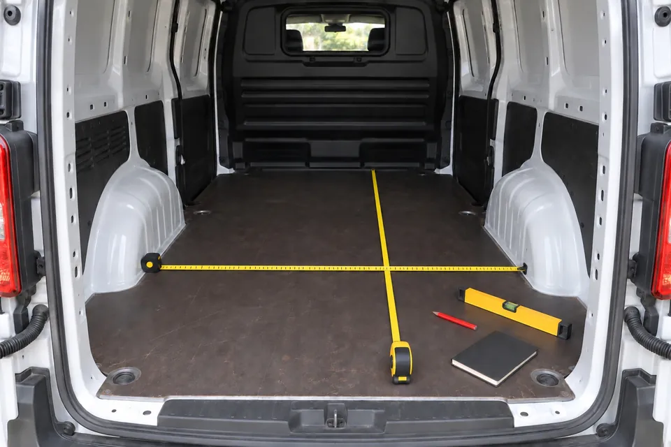 Intérieur vide d’un fourgon compact vu par l’arrière, avec un mètre ruban déroulé entre les passages de roue et un second posé en longueur sur le plancher