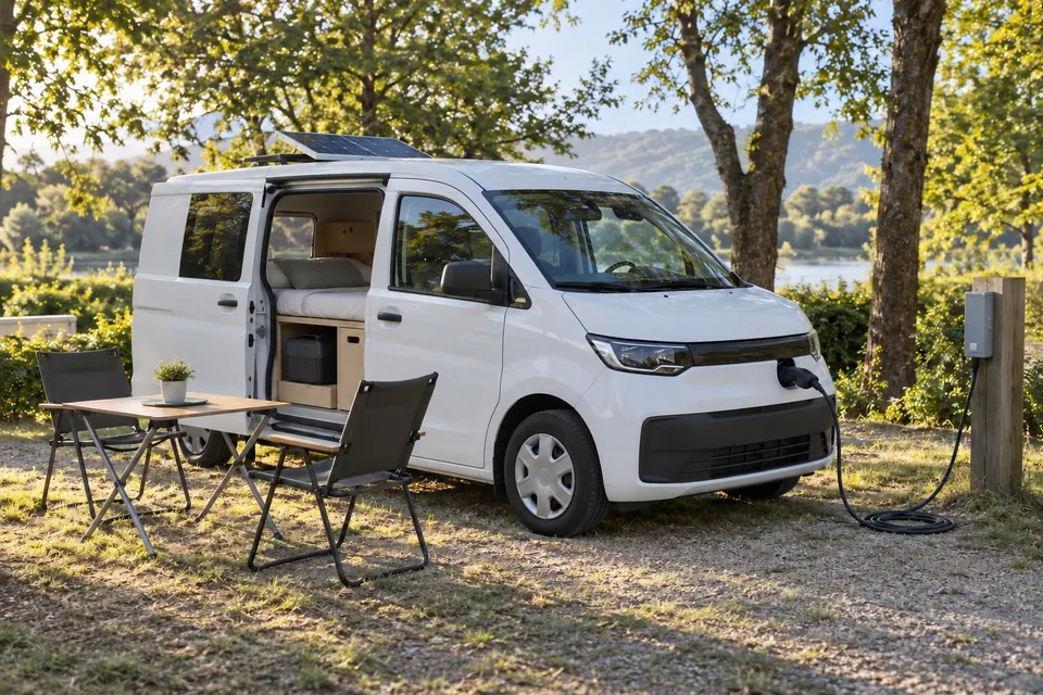 Petit fourgon électrique aménagé branché à une borne de camping par un câble de recharge, porte coulissante ouverte sur le lit, panneau solaire sur le toit, table et chaises devant
