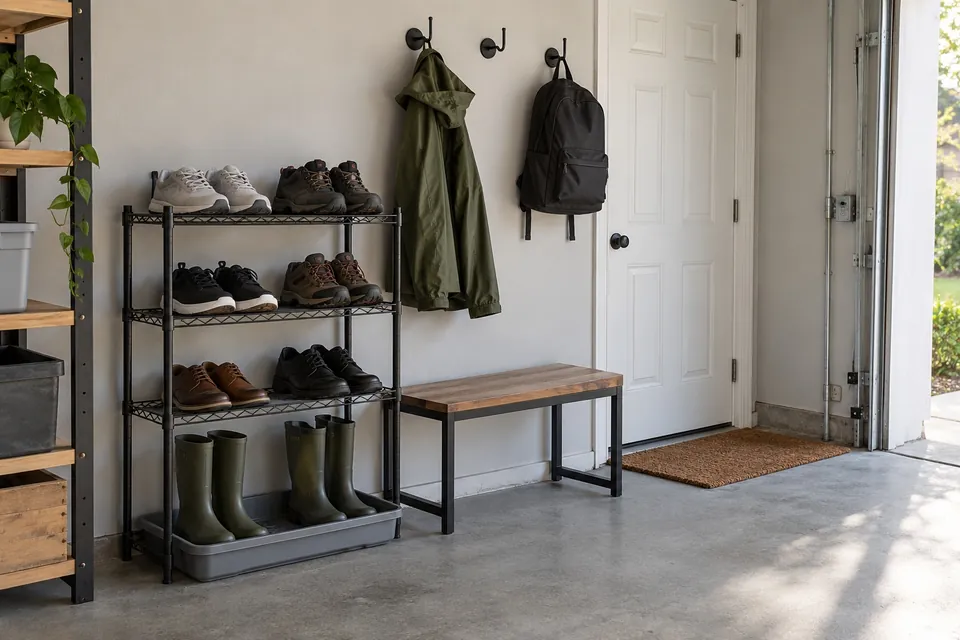 Étagère à chaussures en métal noir à niveaux grillagés près de la porte intérieure d’un garage, avec un bac égouttoir pour les bottes et un banc