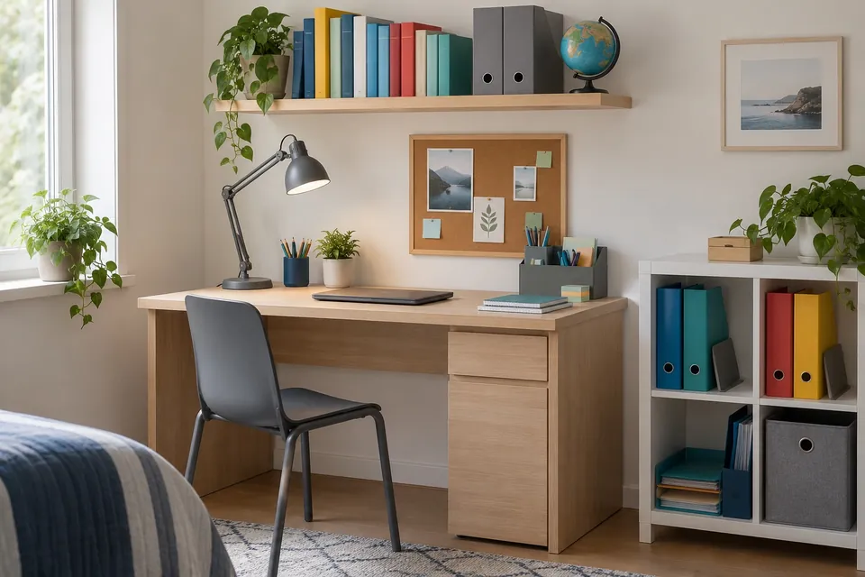 Étagère murale au-dessus d’un bureau de collégien avec manuels et range-documents, et meuble à casiers cubes contenant des classeurs à levier debout