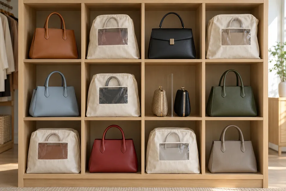 Étagère sac à main à cases carrées dans un dressing : un sac par case, les sacs de saison dans des housses en coton écru avec une petite fenêtre, les sacs du quotidien sans housse, séparateurs en acrylique