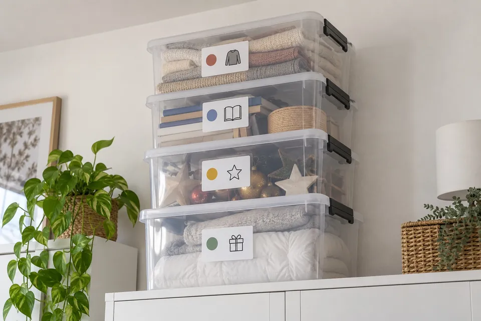 Pile de quatre boîtes de rangement en plastique transparent de la même gamme sur une armoire, chacune étiquetée sur sa face avant avec une pastille de couleur et un pictogramme