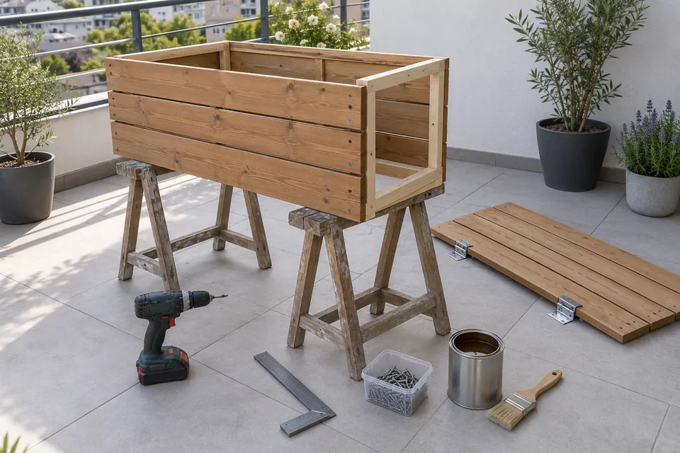Coffre-banc de balcon en cours de fabrication sur une terrasse : ossature en tasseaux, lames de bois vissées sur trois faces, couvercle à charnières posé à côté, visseuse, équerre et pot de saturateur