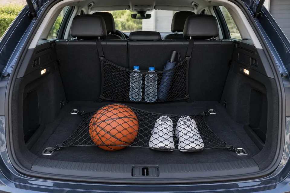 Coffre de voiture avec un filet vertical à poche fixé contre le dossier de banquette contenant deux bouteilles et un parapluie, et un filet de sol tendu sur un ballon et une paire de chaussures de sport