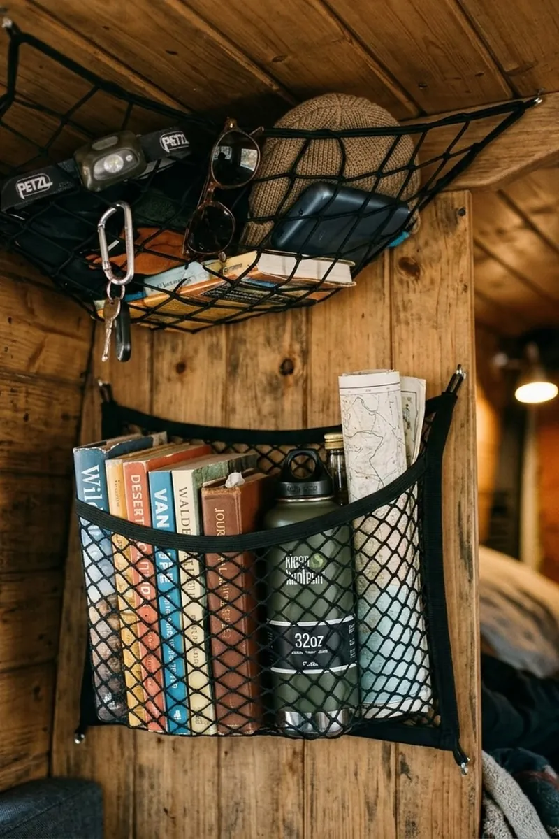 Deux filets noirs dans un van en bois : une poche murale avec livres et gourde, et un filet en hauteur avec bonnet et accessoires.