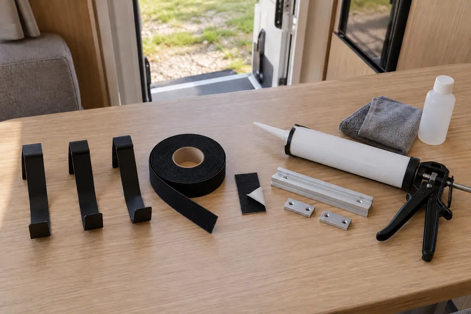 Trois fixations posées sur une table devant une porte de camping-car : crochets plats de haut de porte, bande auto-agrippante adhésive et cartouche de colle de montage avec un rail aluminium