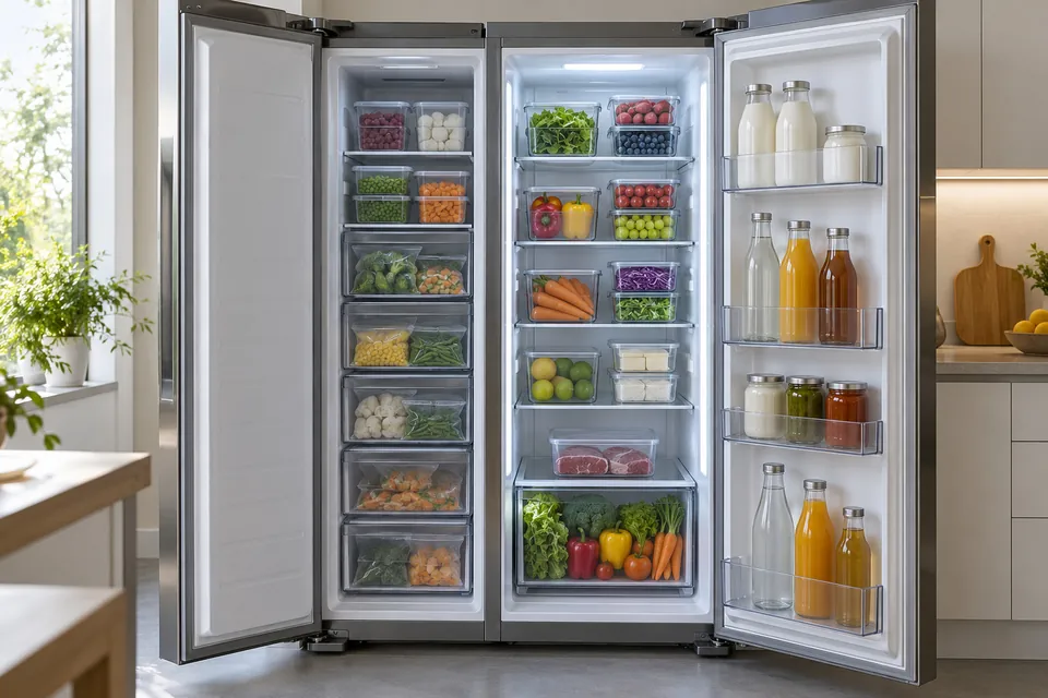 Réfrigérateur américain à deux portes ouvertes : colonne réfrigérateur à droite organisée en bacs étroits par famille d’aliments et boîtes fermées, colonne congélateur à gauche avec bacs empilés, balconnets de porte garnis de bouteilles