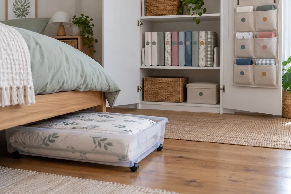 Box plate à roulettes contenant une couette sortie de sous un lit, et placard ouvert avec dix parures de draps rangées debout et un organisateur à poches sur la porte