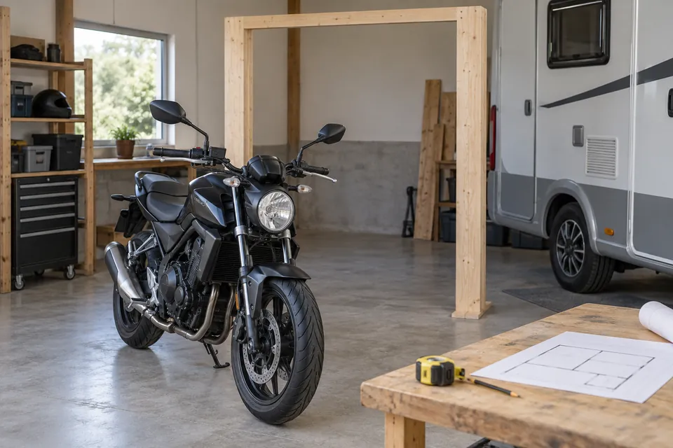 Moto devant un gabarit d’ouverture en bois, avec un plan et un mètre sur l’établi