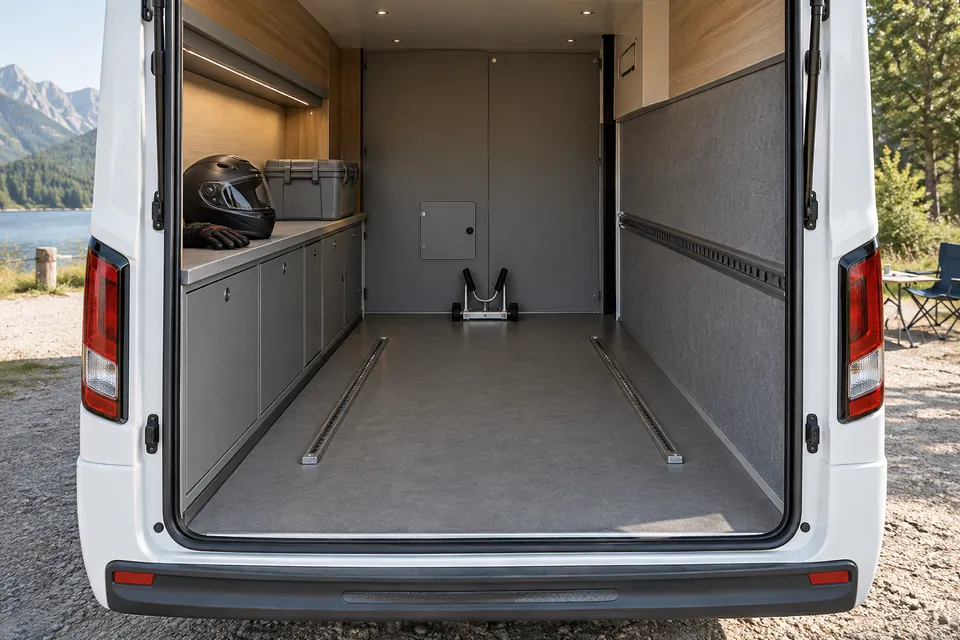 Garage vide avec un espace central dégagé, un meuble latéral et un casque posé à l’étape