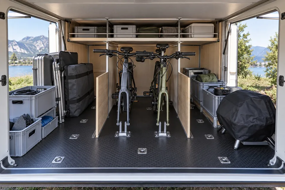 Grande soute traversante d’un camping-car intégral, deux portes ouvertes, divisée en trois couloirs par des cloisons : bacs du quotidien et table à gauche, vélos au centre, loisirs à droite, étagère en hauteur