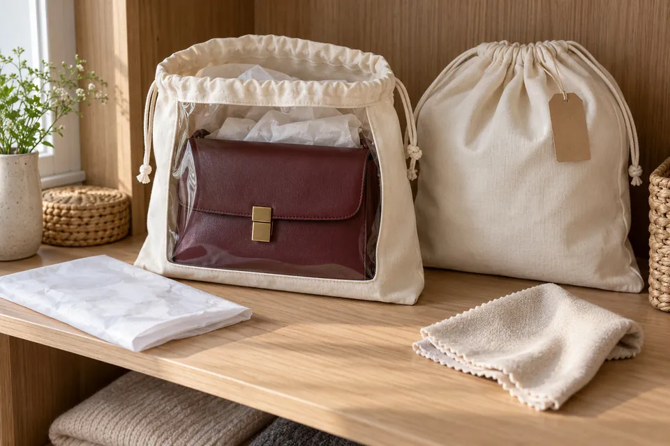 Housse de rangement pour sac à main en coton écru à fenêtre, ouverte sur un sac bordeaux bourré de papier de soie, chaîne rentrée, seconde housse fermée et papier de soie à côté