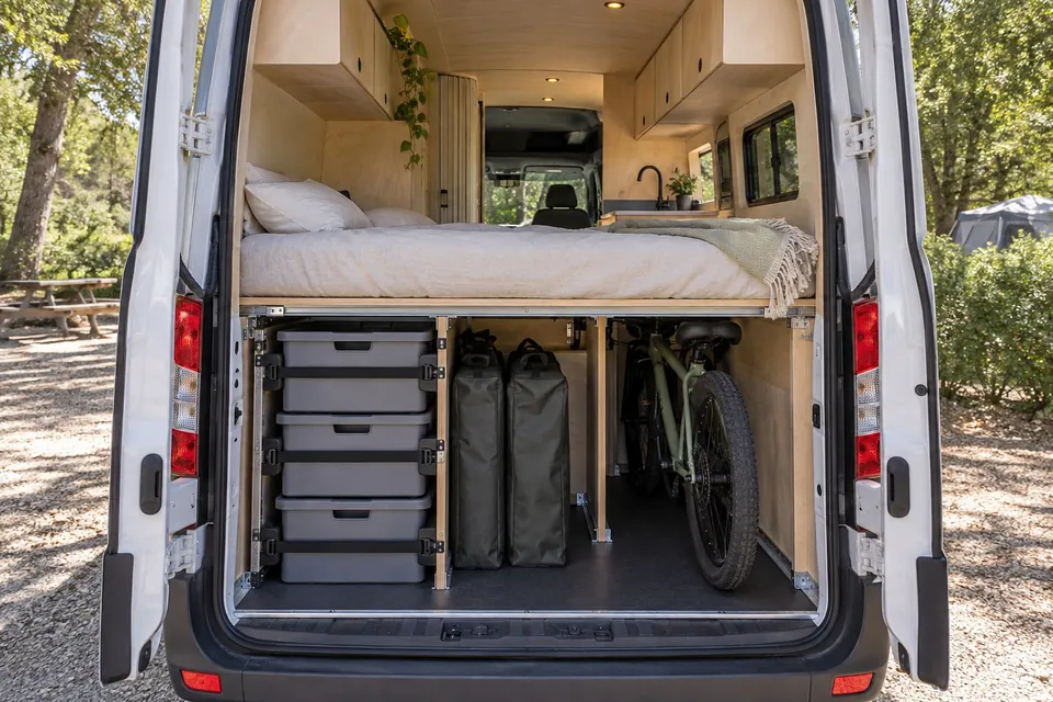 Grand fourgon aménagé en kit vu par les portes arrière : soute avec bacs sanglés, chaises en housse et vélo sous un lit transversal, meubles hauts en contreplaqué et cuisine au fond