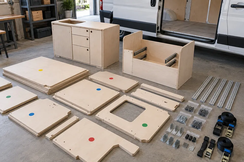 Modules d’un kit d’aménagement de fourgon au sol d’un atelier : panneaux de contreplaqué découpés et empilés, bloc cuisine et caisson de banquette déjà assemblés, visserie et rails, fourgon vide en arrière-plan