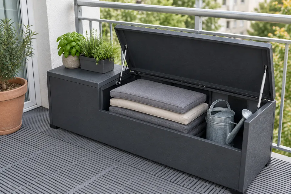 Meuble bas de rangement pour balcon en résine gris anthracite, couvercle relevé montrant des coussins et un arrosoir rangés, placé contre la rambarde d’un petit balcon