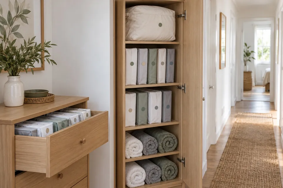 Colonne de rangement en bois clair avec des serviettes roulées en bas et des parures de draps en paquets étiquetés au-dessus, à côté d’une commode dont un tiroir ouvert montre des parures debout
